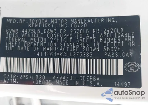 2020 Toyota Camry Xse from USA, damaged, VIN 4T1K61AK3LU375385